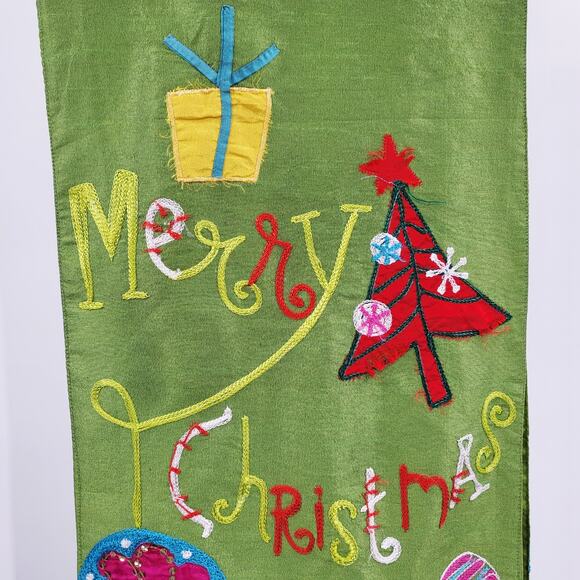 Merry Christmas Santa Themed Wall Banner Table Runner Embroidered Holiday Decor - Picture 5 of 7